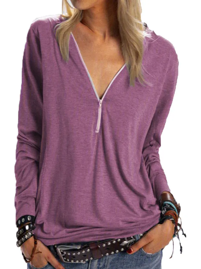 Fashion casual V-neck zipper solid color long-sleeved t-shirt