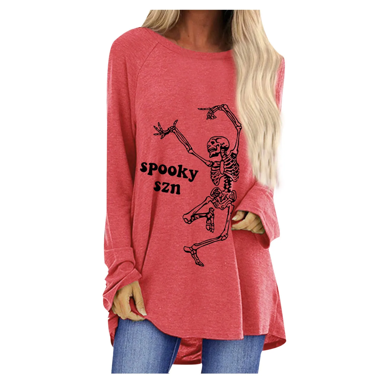 Fashion fun dancing skull man print loose round neck long sleeve T-shirt women