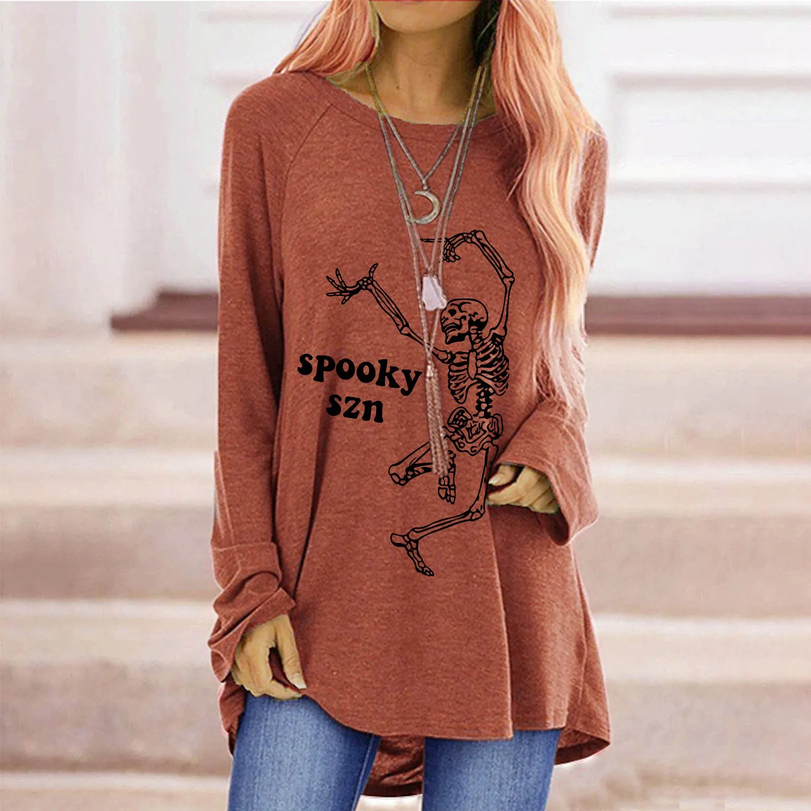 Fashion fun dancing skull man print loose round neck long sleeve T-shirt women