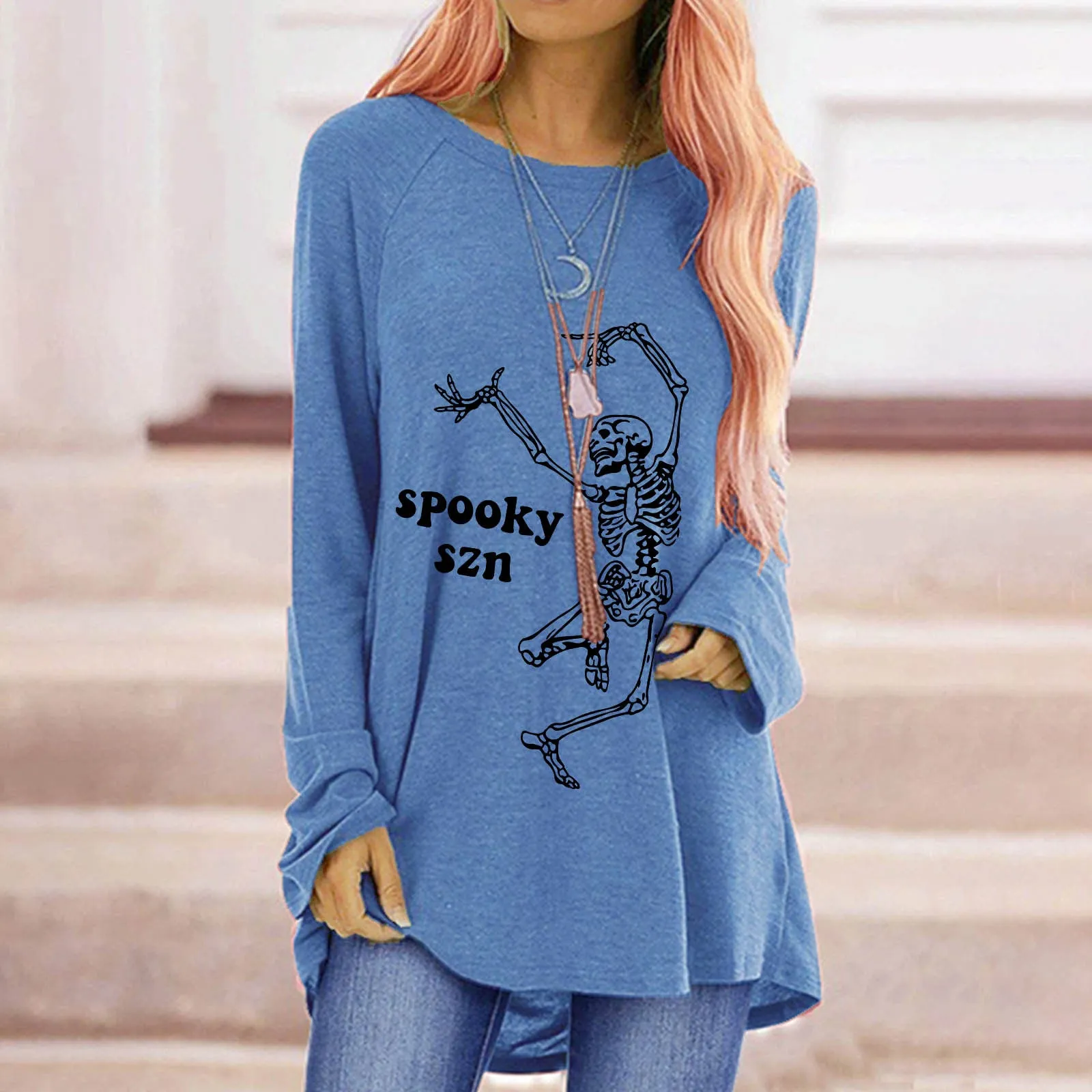 Fashion fun dancing skull man print loose round neck long sleeve T-shirt women