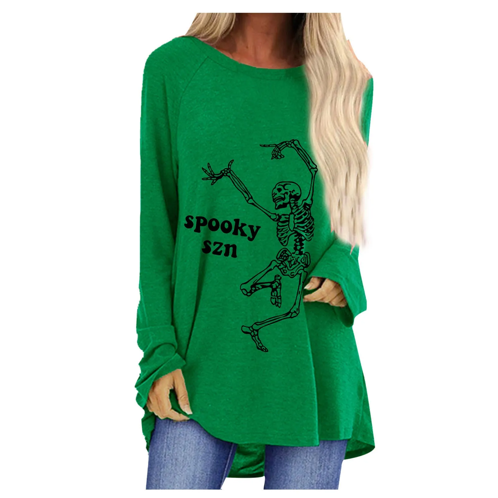 Fashion fun dancing skull man print loose round neck long sleeve T-shirt women