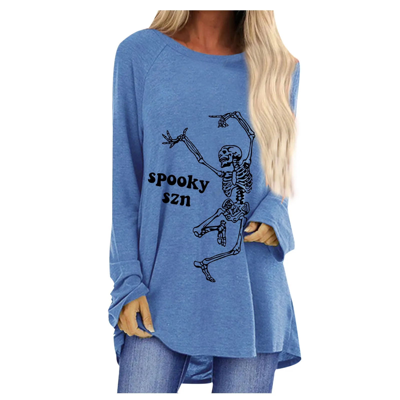Fashion fun dancing skull man print loose round neck long sleeve T-shirt women