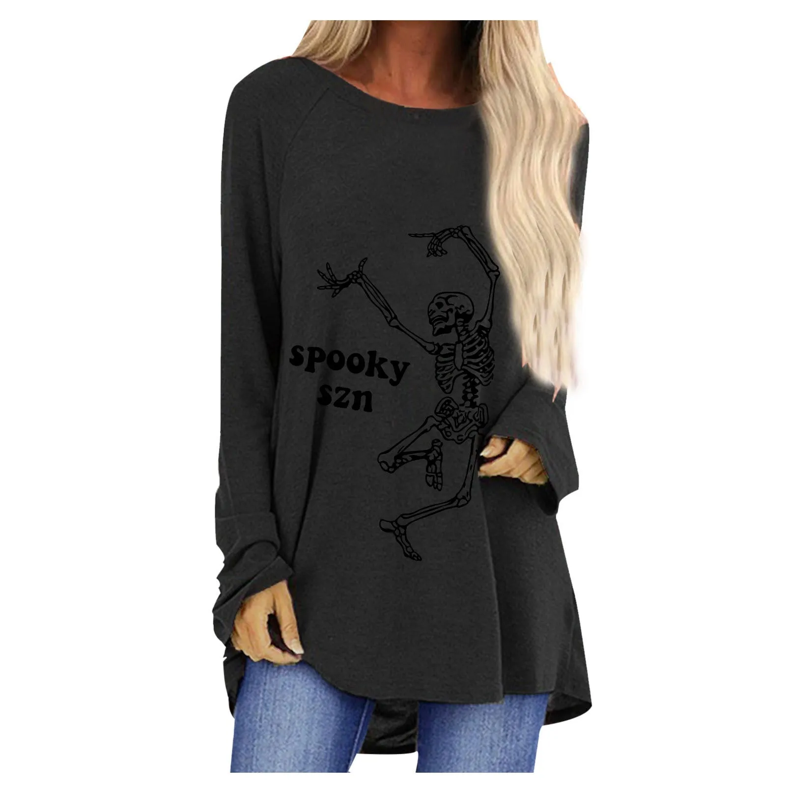 Fashion fun dancing skull man print loose round neck long sleeve T-shirt women