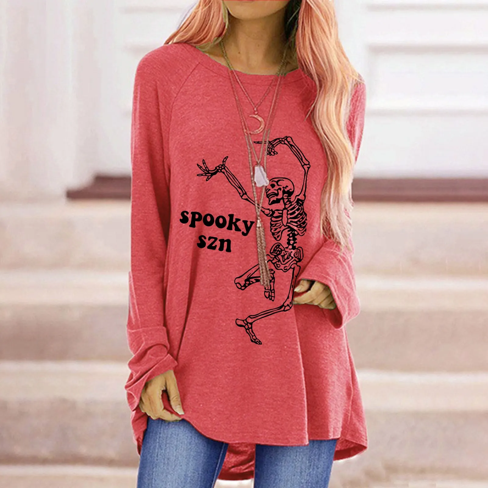Fashion fun dancing skull man print loose round neck long sleeve T-shirt women