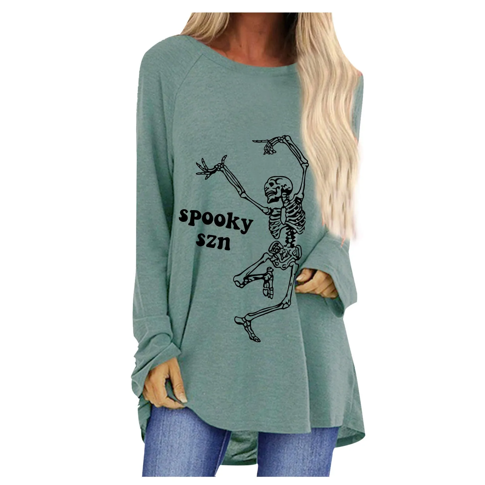 Fashion fun dancing skull man print loose round neck long sleeve T-shirt women