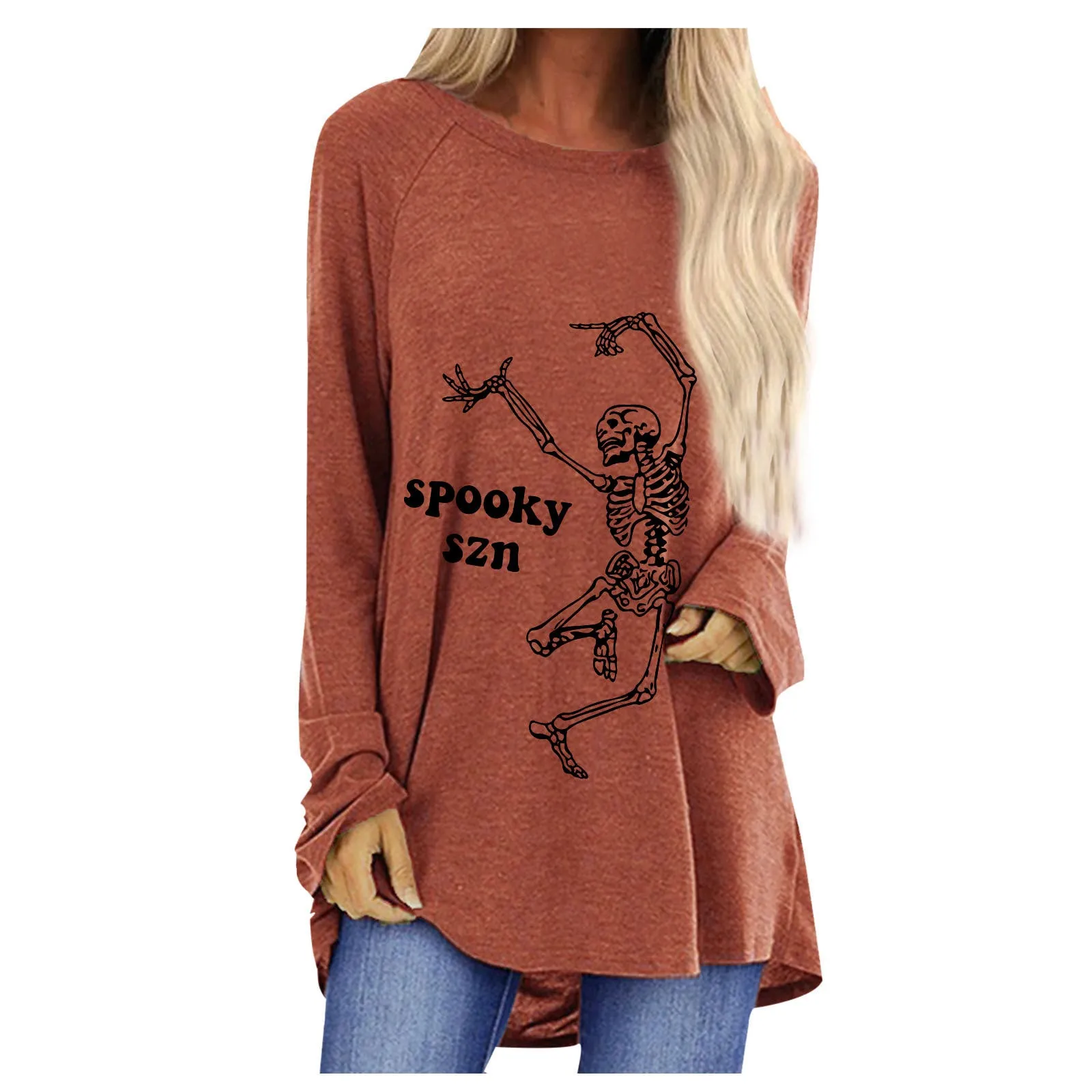 Fashion fun dancing skull man print loose round neck long sleeve T-shirt women