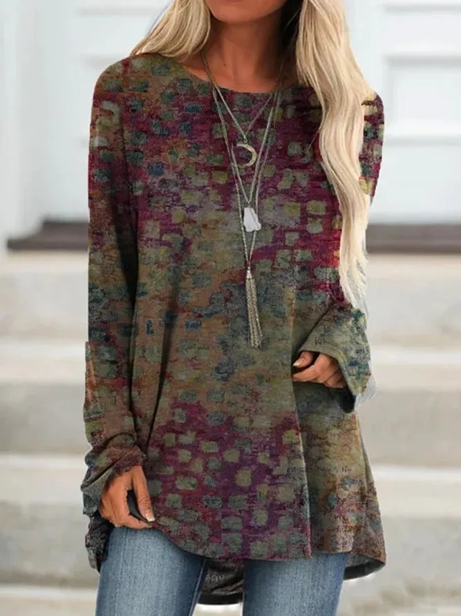 Fashion loose print casual street hipster round neck long sleeve pullover women's top