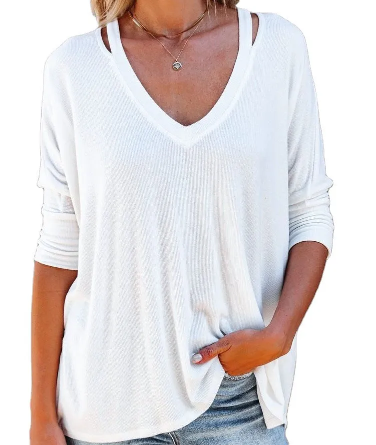 Fashion simple off-shoulder v-neck loose casual sweater