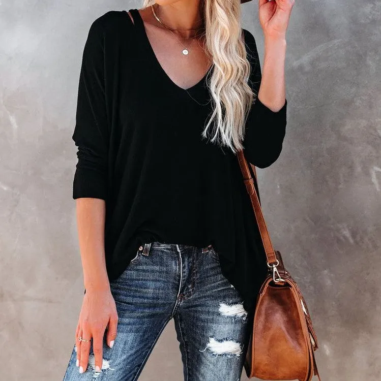 Fashion simple off-shoulder v-neck loose casual sweater