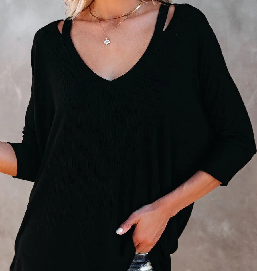 Fashion simple off-shoulder v-neck loose casual sweater