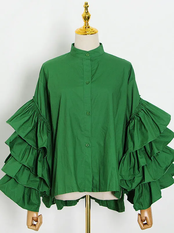Flared Sleeves Long Sleeves Buttoned Layered Ruffled Solid Color Mock Neck Blouses&Shirts Tops