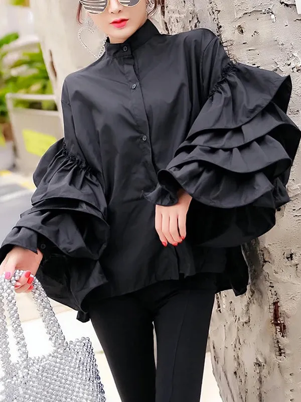 Flared Sleeves Long Sleeves Buttoned Layered Ruffled Solid Color Mock Neck Blouses&Shirts Tops