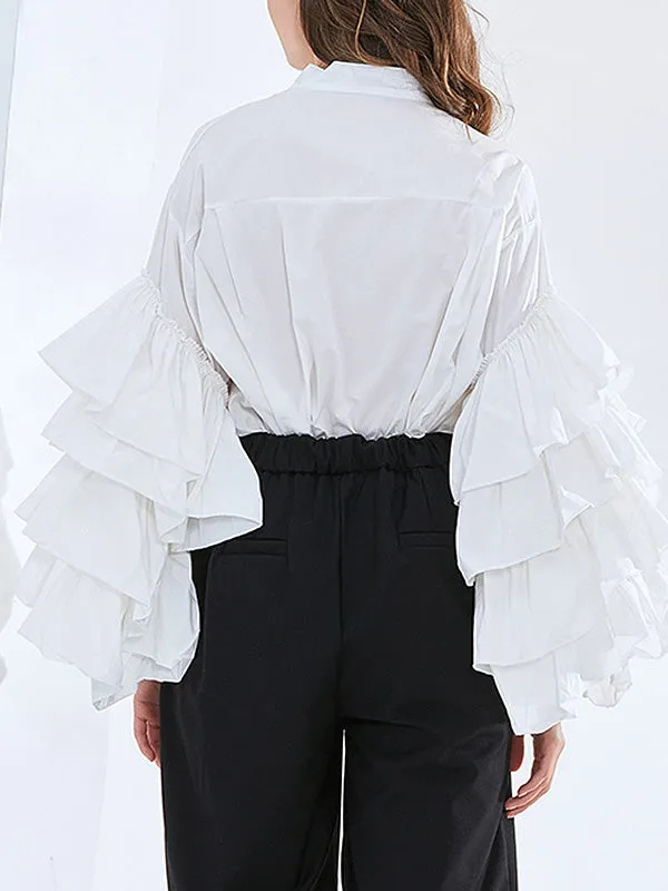 Flared Sleeves Long Sleeves Buttoned Layered Ruffled Solid Color Mock Neck Blouses&Shirts Tops