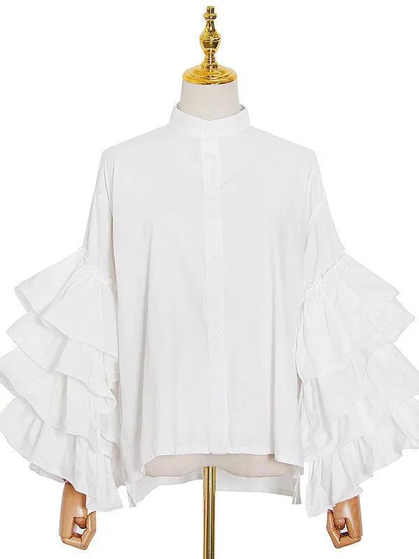 Flared Sleeves Long Sleeves Buttoned Layered Ruffled Solid Color Mock Neck Blouses&Shirts Tops