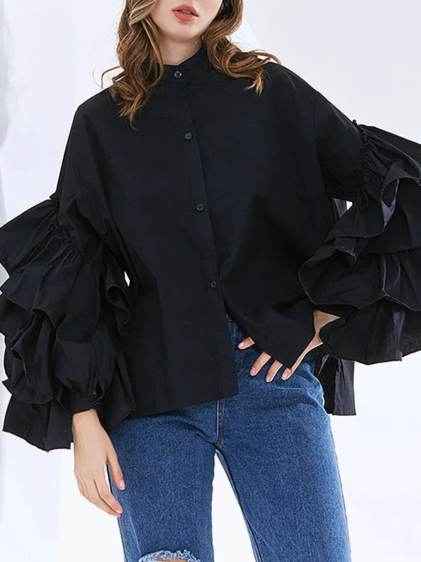 Flared Sleeves Long Sleeves Buttoned Layered Ruffled Solid Color Mock Neck Blouses&Shirts Tops