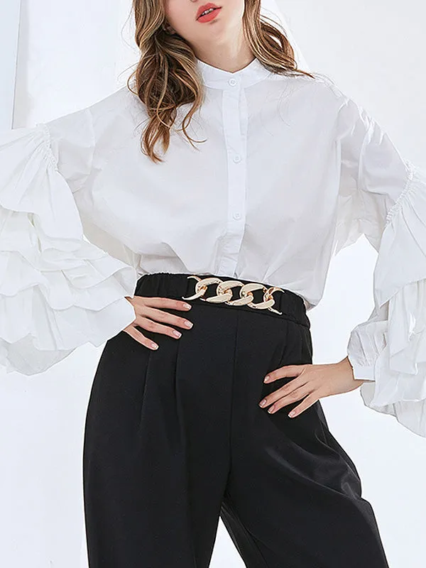 Flared Sleeves Long Sleeves Buttoned Layered Ruffled Solid Color Mock Neck Blouses&Shirts Tops