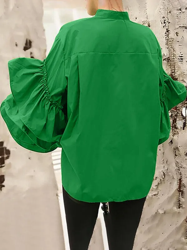 Flared Sleeves Long Sleeves Buttoned Layered Ruffled Solid Color Mock Neck Blouses&Shirts Tops