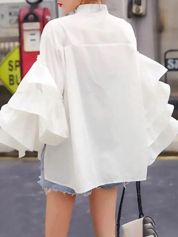 Flared Sleeves Long Sleeves Buttoned Layered Ruffled Solid Color Mock Neck Blouses&Shirts Tops