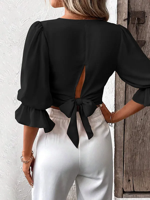Half Sleeves Loose Elasticity Hollow Ruffled Solid Color Tied V-Neck Blouses&Shirts Tops