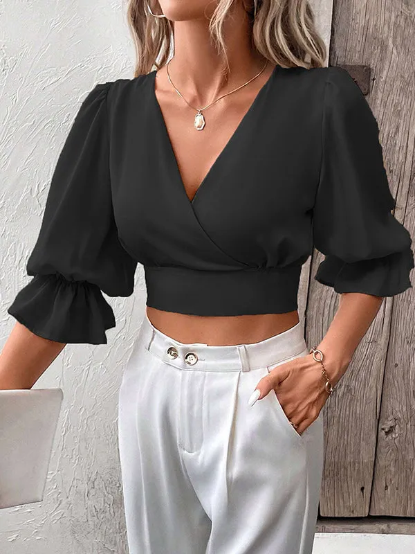 Half Sleeves Loose Elasticity Hollow Ruffled Solid Color Tied V-Neck Blouses&Shirts Tops