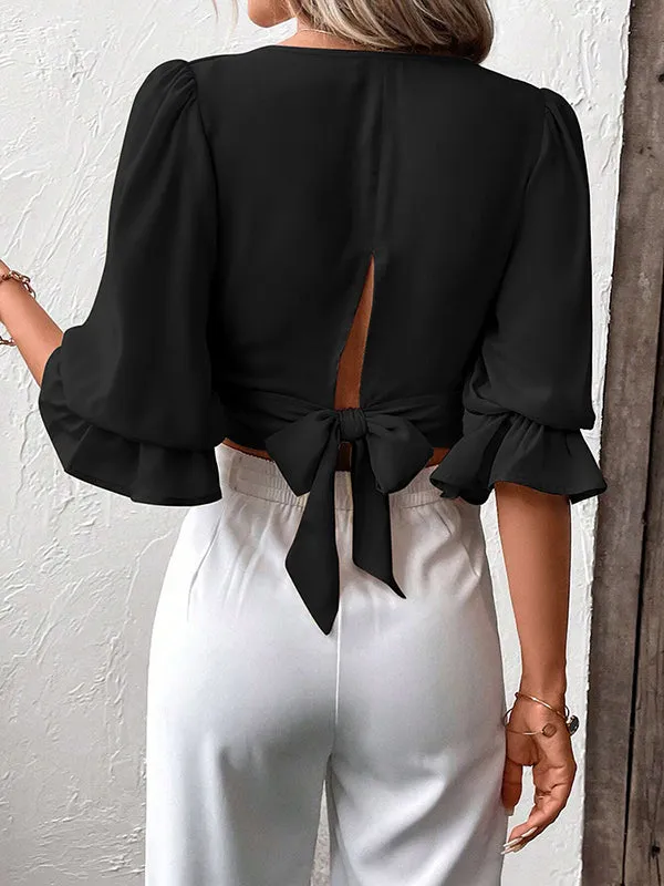 Half Sleeves Loose Elasticity Hollow Ruffled Solid Color Tied V-Neck Blouses&Shirts Tops