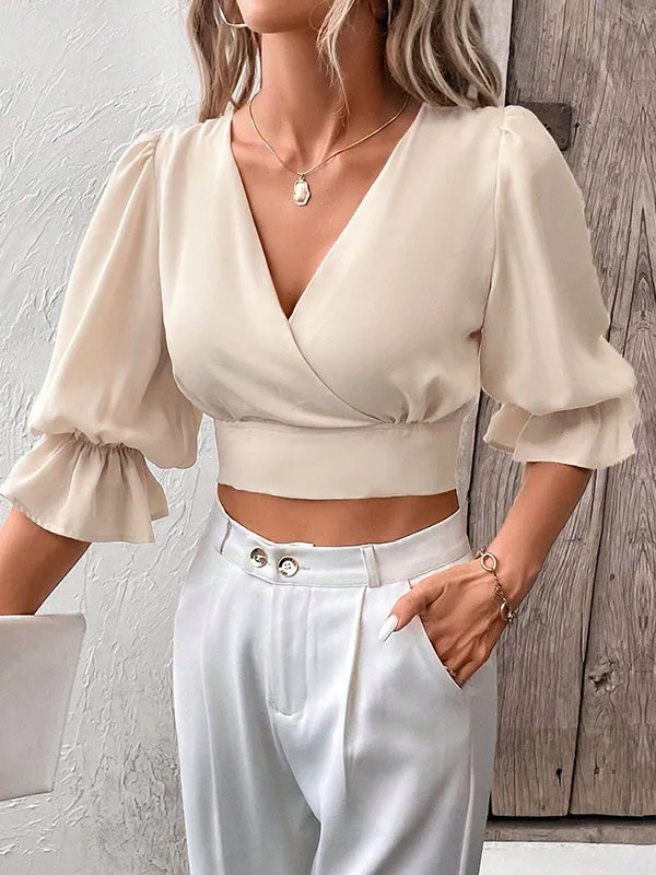 Half Sleeves Loose Elasticity Hollow Ruffled Solid Color Tied V-Neck Blouses&Shirts Tops
