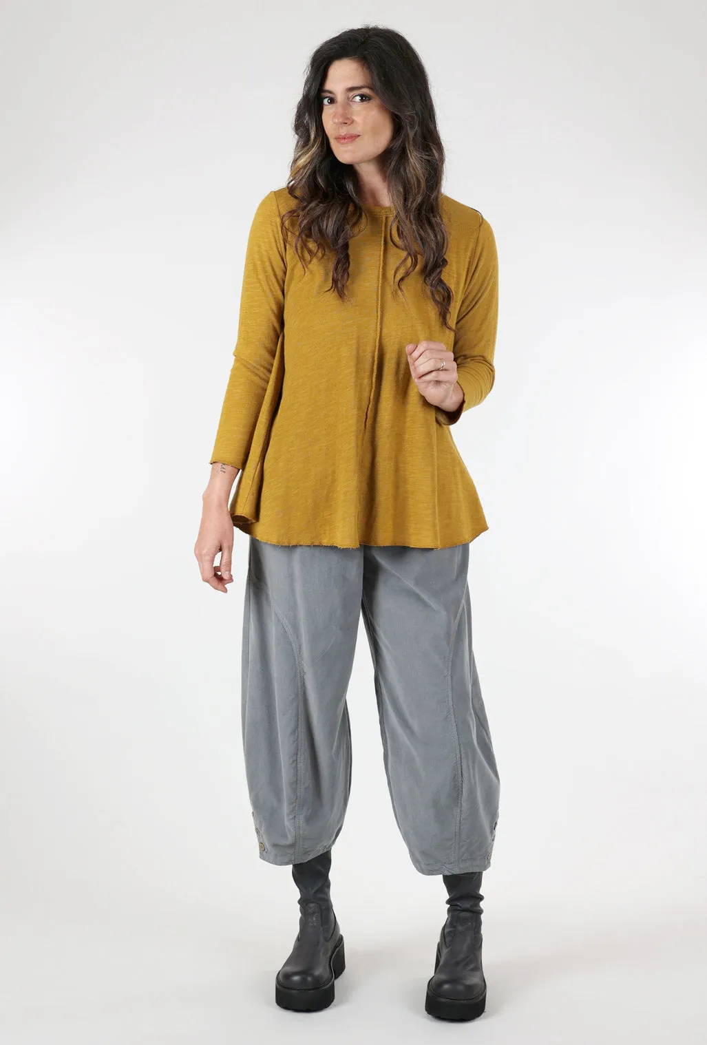 High-Low Raw-Seam Tee, Olive Oxide