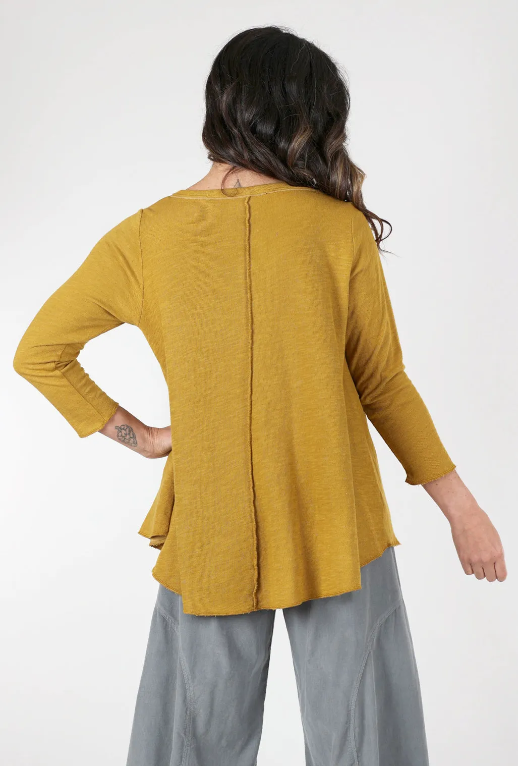 High-Low Raw-Seam Tee, Olive Oxide