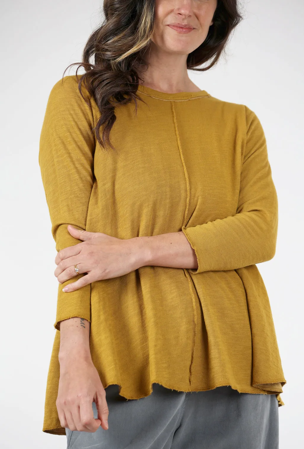 High-Low Raw-Seam Tee, Olive Oxide