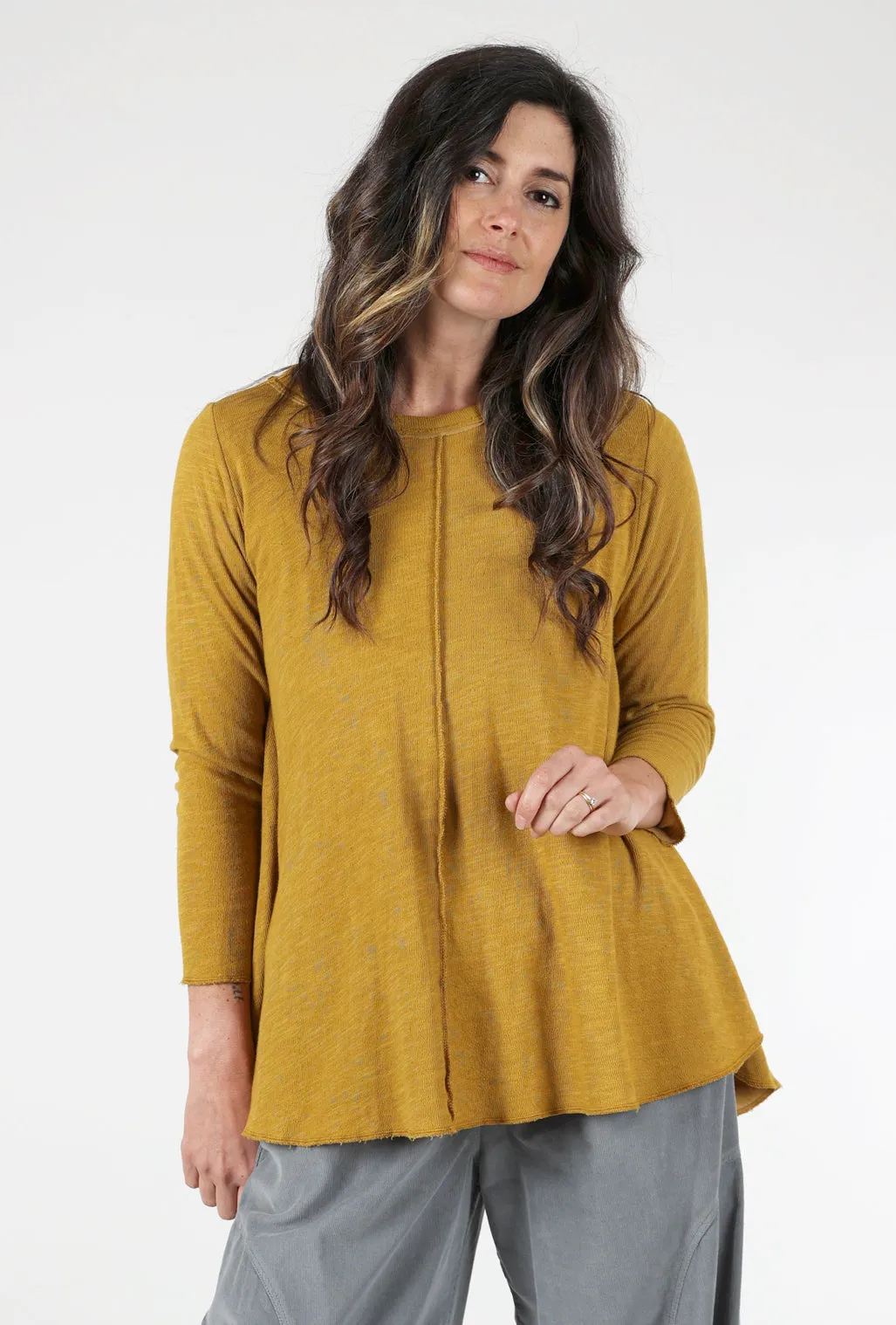 High-Low Raw-Seam Tee, Olive Oxide