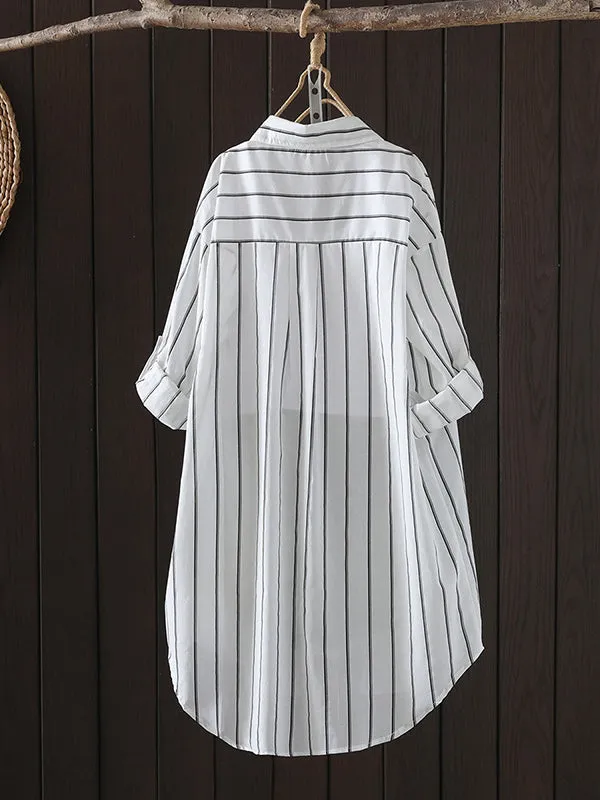 Irregular Clipping Long Sleeves Striped Lapel Shirts Tops