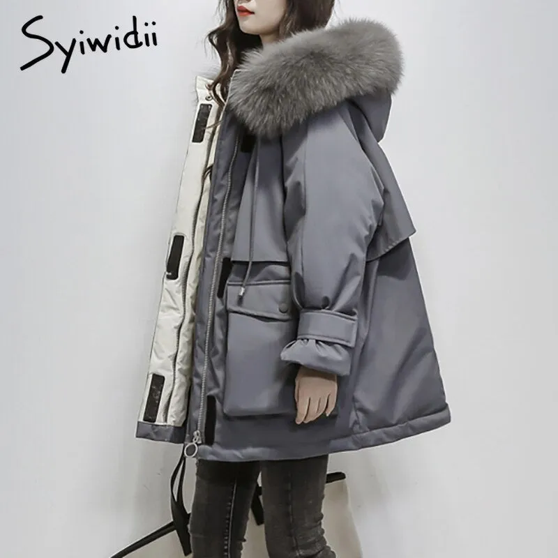 Joskaa Fur Collar Hood Winter Jacket Women Adjustable Waist Autumn 2024 Korean Fashion Oversize Loose Thicken Warm Outerwear