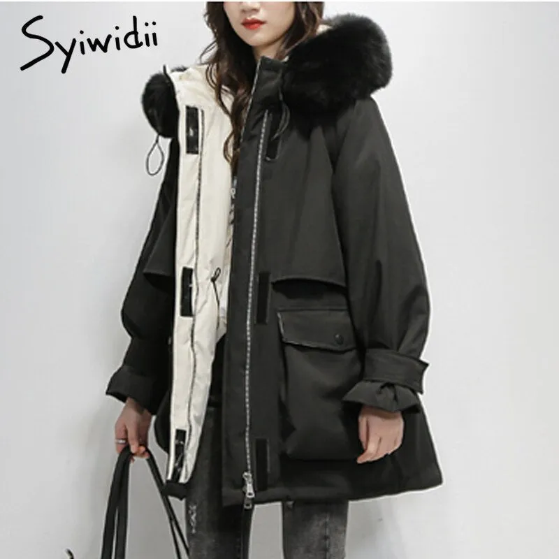 Joskaa Fur Collar Hood Winter Jacket Women Adjustable Waist Autumn 2024 Korean Fashion Oversize Loose Thicken Warm Outerwear