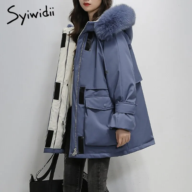 Joskaa Fur Collar Hood Winter Jacket Women Adjustable Waist Autumn 2024 Korean Fashion Oversize Loose Thicken Warm Outerwear