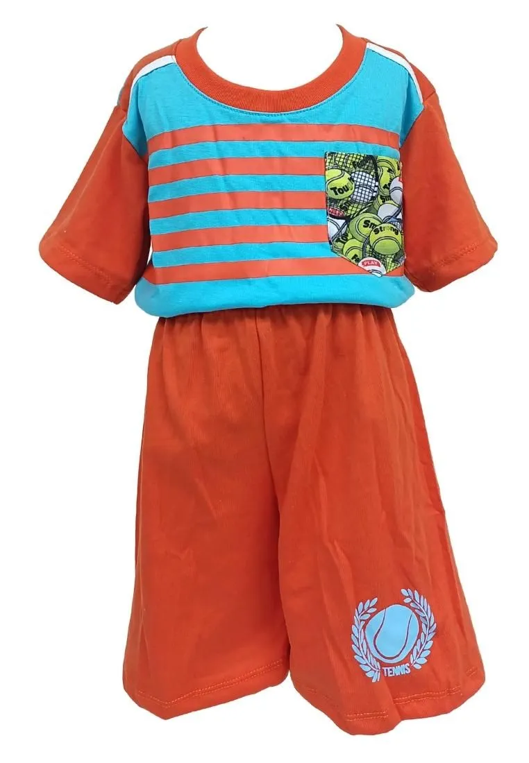 Landmark Short Set Orange/Aqua with Tennis-Print Pocket Tshirt