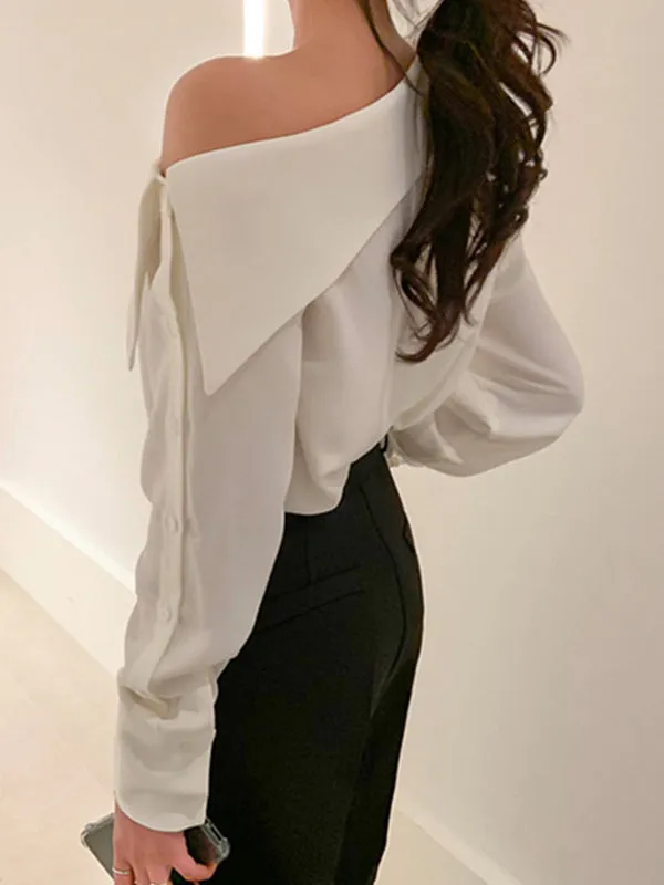 Long Sleeves Asymmetric Buttoned See-Through Solid Color One-Shoulder Blouses&Shirts Tops