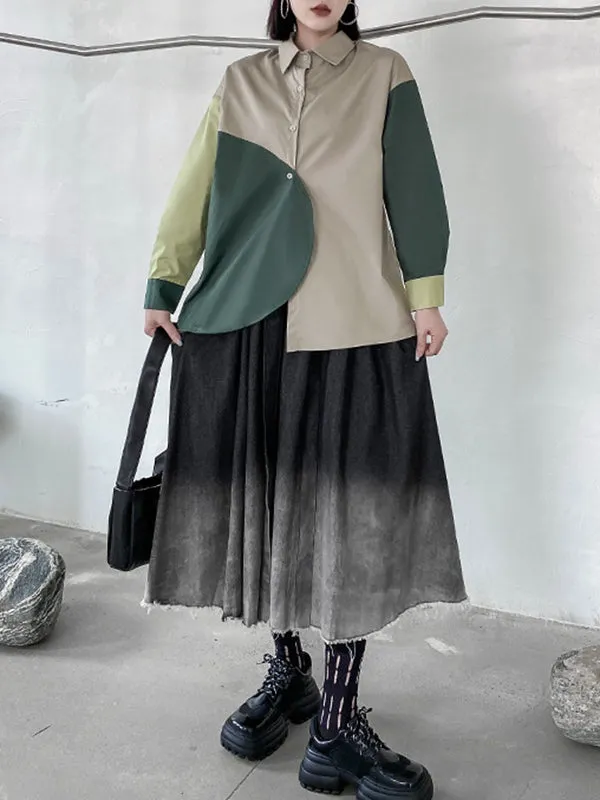 Long Sleeves Loose Asymmetric Buttoned Contrast Color Lapel Blouses&Shirts Tops