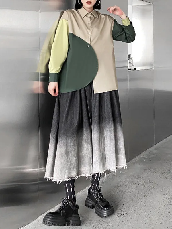 Long Sleeves Loose Asymmetric Buttoned Contrast Color Lapel Blouses&Shirts Tops
