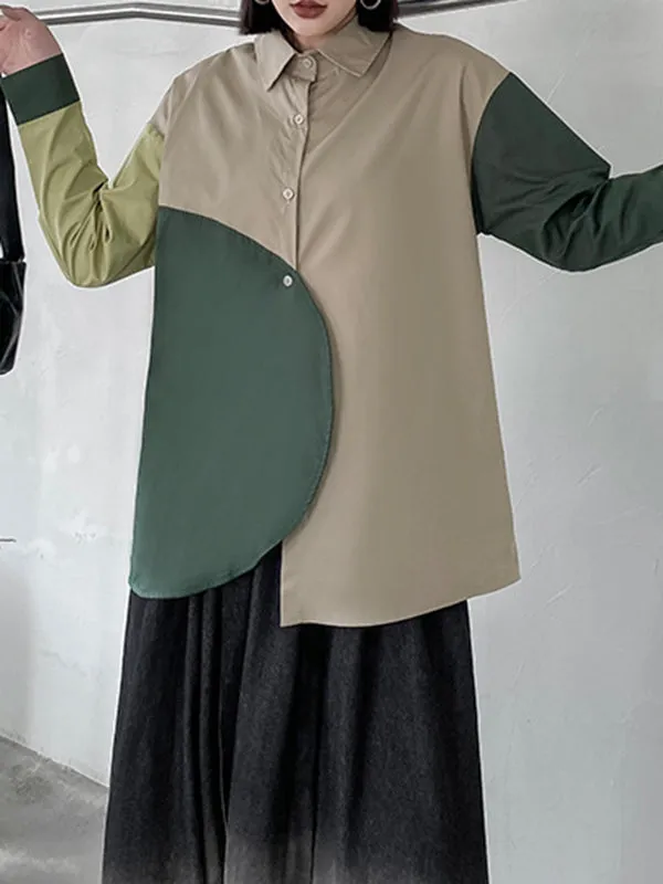 Long Sleeves Loose Asymmetric Buttoned Contrast Color Lapel Blouses&Shirts Tops