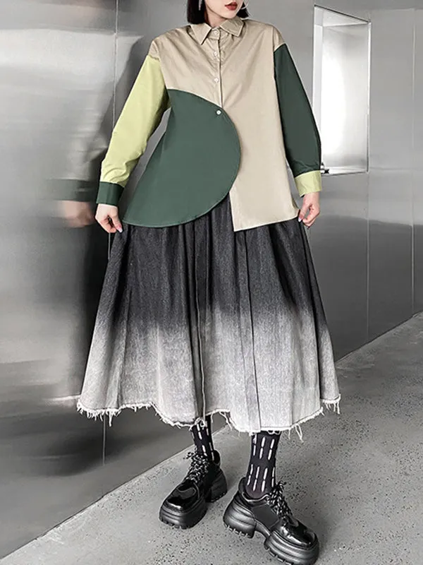 Long Sleeves Loose Asymmetric Buttoned Contrast Color Lapel Blouses&Shirts Tops