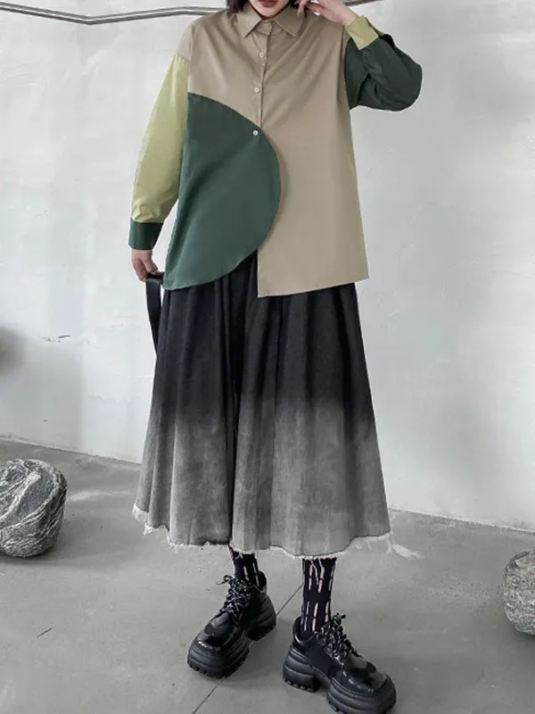 Long Sleeves Loose Asymmetric Buttoned Contrast Color Lapel Blouses&Shirts Tops