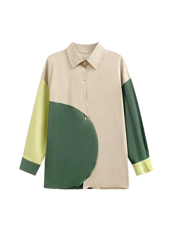 Long Sleeves Loose Asymmetric Buttoned Contrast Color Lapel Blouses&Shirts Tops