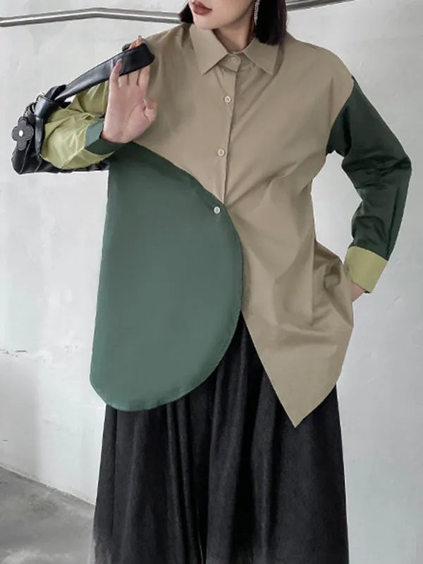 Long Sleeves Loose Asymmetric Buttoned Contrast Color Lapel Blouses&Shirts Tops