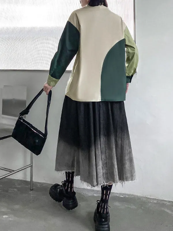 Long Sleeves Loose Asymmetric Buttoned Contrast Color Lapel Blouses&Shirts Tops