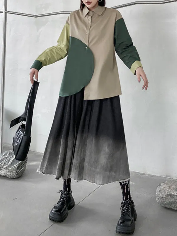 Long Sleeves Loose Asymmetric Buttoned Contrast Color Lapel Blouses&Shirts Tops