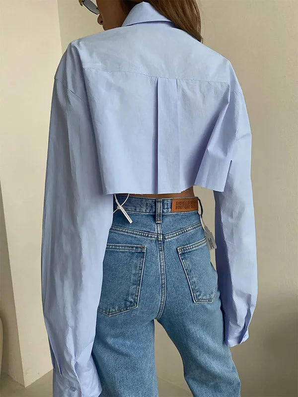 Long Sleeves Loose Asymmetric Buttoned Pockets Solid Color Split-Joint Lapel Blouses&Shirts Tops