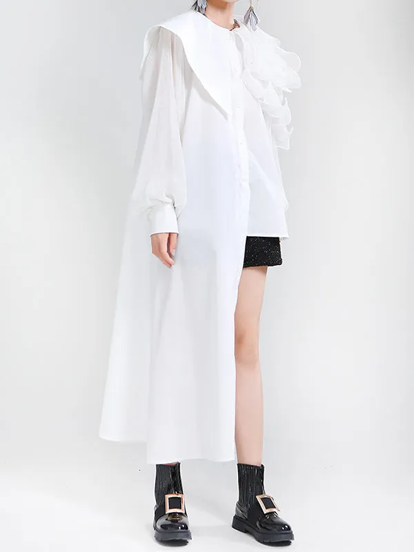 Long Sleeves Loose Asymmetric Pleated Solid Color Split-Joint Falbala Lapel Blouses&Shirts Tops