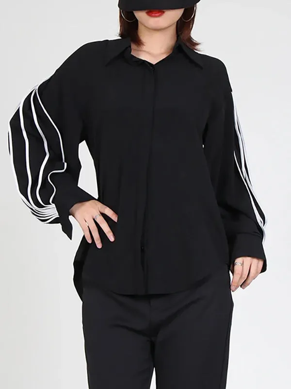 Long Sleeves Loose Buttoned Contrast Color Lapel Blouses&Shirts Tops