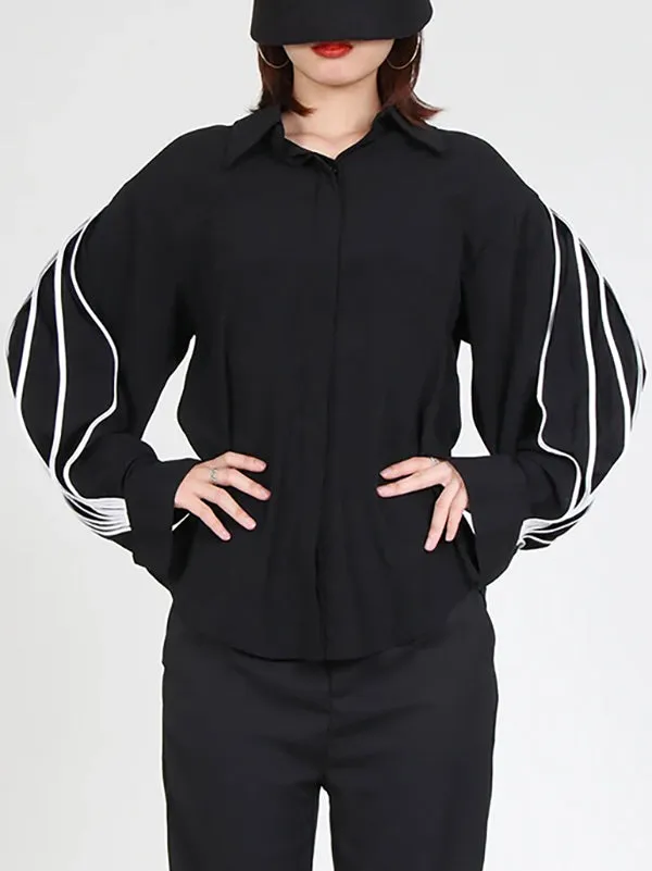 Long Sleeves Loose Buttoned Contrast Color Lapel Blouses&Shirts Tops