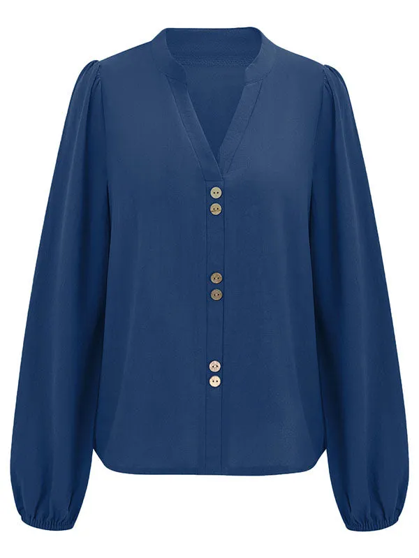 Long Sleeves Loose Buttoned Elasticity V-neck Blouses&shirts Tops